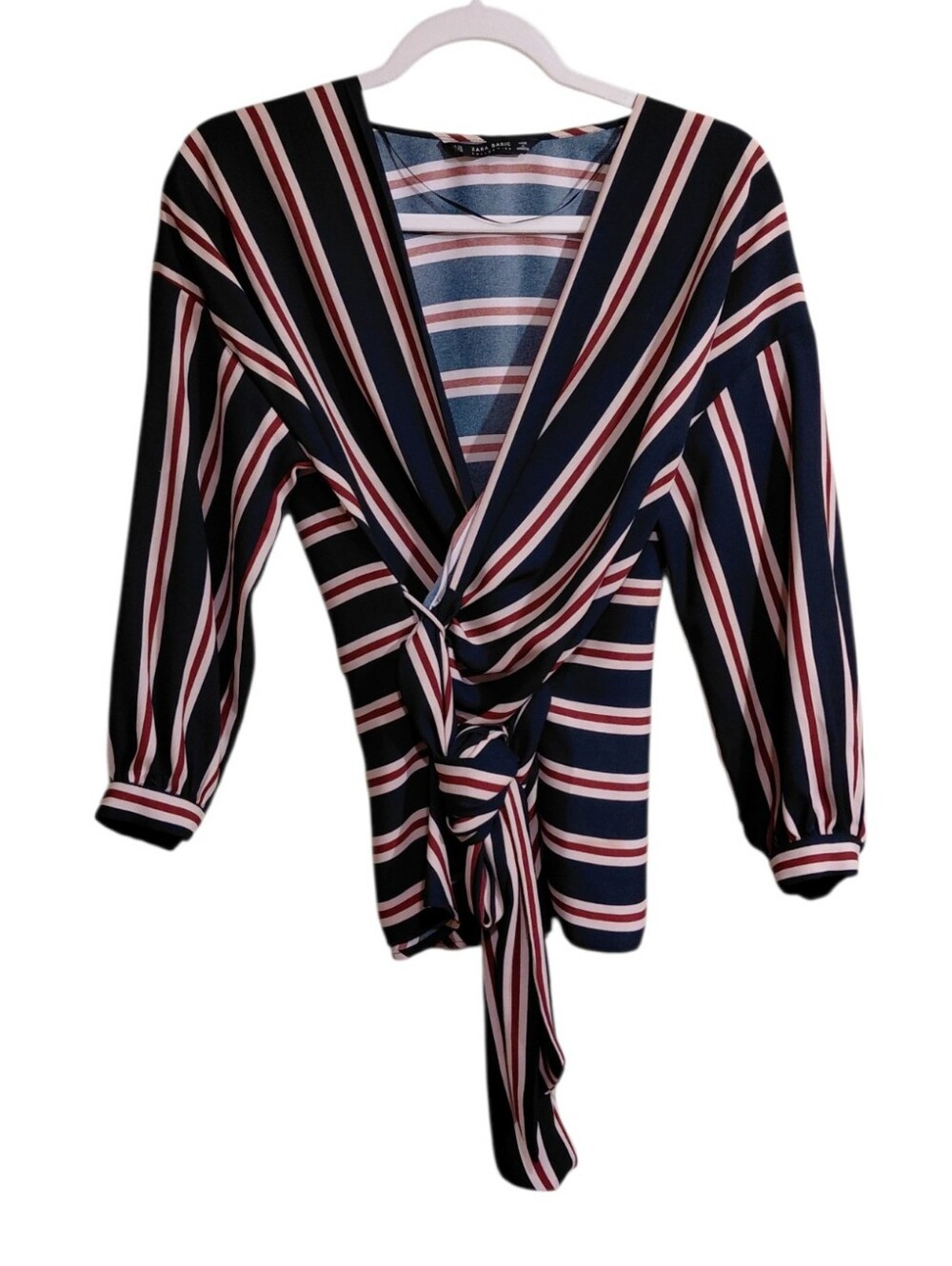 Zara Black, Tan & Burgundy Striped Twist-Front Blouse
